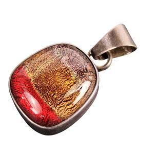 Vintage Handmade Dichroic Glass 925 Sterling Silver Pendant, 20mm Yellow-Red